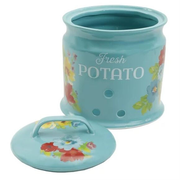🌸 New The Pioneer Woman Breezy Blossoms 9.5-Inch Potato Keeper - Canister Teal - Picture 5 of 7